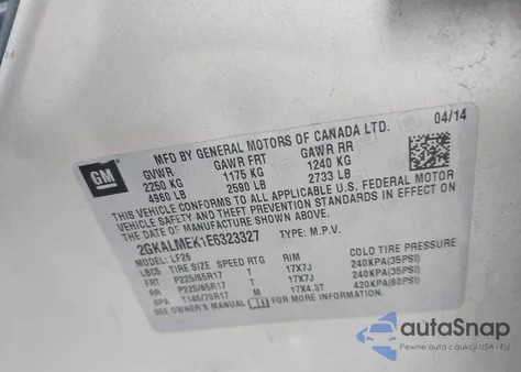 2014 GMC Terrain Sle z USA, uszkodzony, nr VIN 2GKALMEK1E6323327